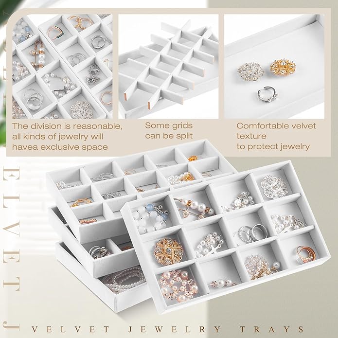 Junkin 12 Pcs Jewelry Tray Velvet Stackable Jewelry Organizer Trays Divided Earring Accessories Storage Containers Box (Rose Red)