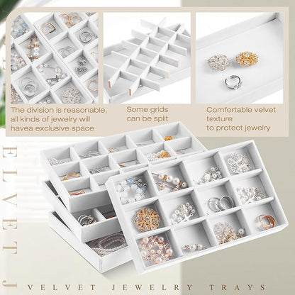 Junkin 12 Pcs Jewelry Tray Velvet Stackable Jewelry Organizer Trays Divided Earring Accessories Storage Containers Box (Rose Red)