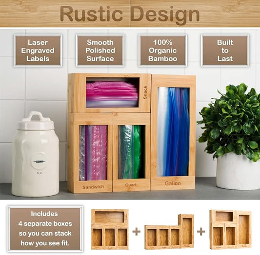 Bartnelli Bag Organizer for Kitchen Storage Organization, 4 PC Premium Bamboo Drawer Organizer, Bag Holder Dispenser