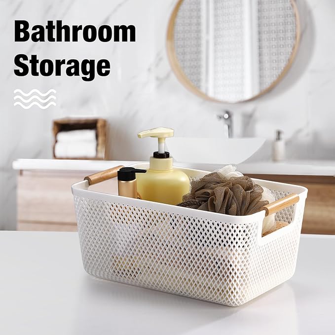 Tioncy 4 Pcs White Mesh Baskets with Wooden Handles Plastic Storage Organizer Baskets Pantry Basket Fruit Vegetables Gathering Basket Bin for Organizing Cabinet Closet Bedroom Kitchen(Medium)