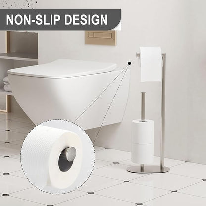 Brushed Nickel Freestanding Toilet Paper Holder with Reserve for Bathroom with Weighted Base, Modern Tissue Roll Holder Stand