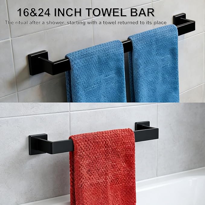 6 Pieces Bathroom Accessories Towel Bar SUS304 Stainless Steel Matte Black Towel Holder Wall Mounted Heavy Duty Towel Rack Bathroom Towel Rod Modern Square Base Design(6, Matte Black, 24 Inch)