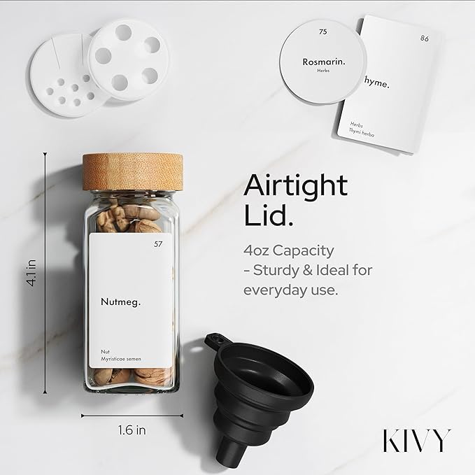 KIVY Drawer Spice Organizer + 24 Jars & 240 Labels - Seasoning Rack for Organization - Kitchen Drawer Insert for Spice Jars - Glass Seasoning Jars with Airtight Lids - Glass Spice Jars with Label