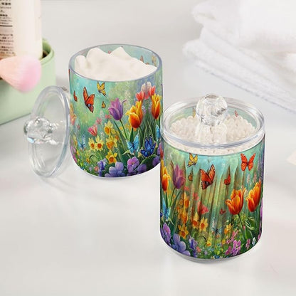 MNSRUU 4 Pack Qtip Holder Organizer Dispenser Easter Garden Tulips Daffodils Bathroom Storage Canister Cotton Ball Holder Bathroom Containers for Cotton Swabs/Pads/Floss
