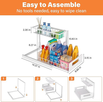 2 Pack Under Sink Organizer, 2 Tier Pull Out Cabinet Organizer,Slide out Metal Cabinet Organizers Multi-Purpose Drawer Shelf for Kitchen Bathroom Pantry Cabinet Closet Organization Rack,White