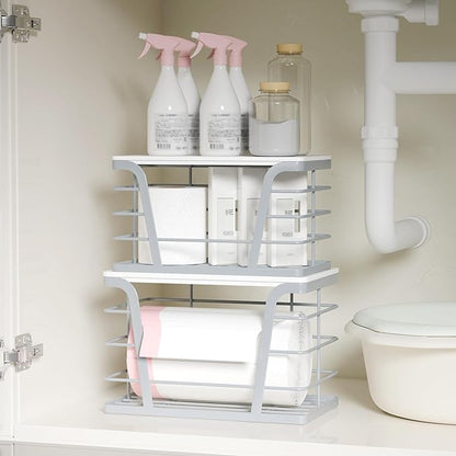 2 Pack Gray Trash Bag Organizer for Kitchen and Pantry, Upgraded Stackable Metal Garbage Bag Holder with Bamboo Top, Modern Under Sink Storage Dispenser for Laundry Room, Garage