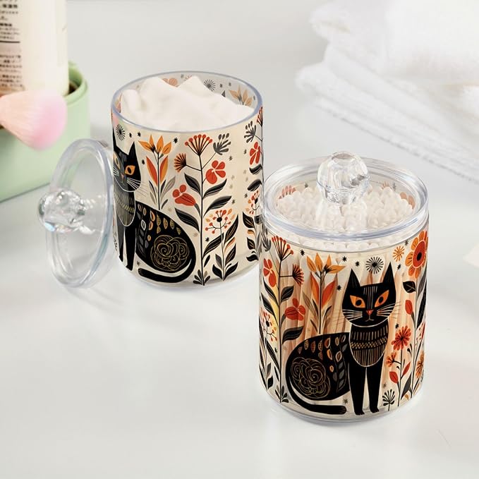 MNSRUU 4 Pack Qtip Holder Organizer Dispenser Black Cat Flowers Pink Bathroom Storage Canister Cotton Ball Holder Bathroom Containers for Cotton Swabs/Pads/Floss
