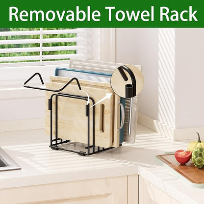 KMUZAWN Cutting Board Organizer,5-Slot Steel Kitchen Storage Rack for Cutting Boards, Baking Trays,towel,and Thin Pans-Space-Saving Kitchen Storage(Black, 3 Pack)