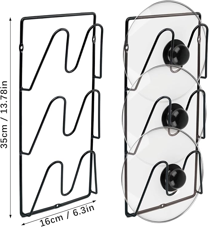 KoMvzyl 2 Pack Pot Lid Organizer, 6-Tier Pots & Pans Lid Holder Organizer for Cabinet or Wall/Door Kitchen Storage, No-Drill Adhesive Mount, Space-Saving Solution