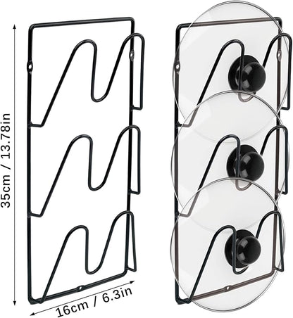KoMvzyl 2 Pack Pot Lid Organizer, 6-Tier Pots & Pans Lid Holder Organizer for Cabinet or Wall/Door Kitchen Storage, No-Drill Adhesive Mount, Space-Saving Solution