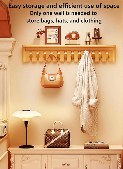 Wall Mounted Coat RackHooks Piano Key Hangers Natural Solid Wood Hanger Non-Woven Fabric Clothes Hangers for Closet, Kitchen, Bedroom, Bathroom, Entryway (Tray-Beech, 4 Hooks)