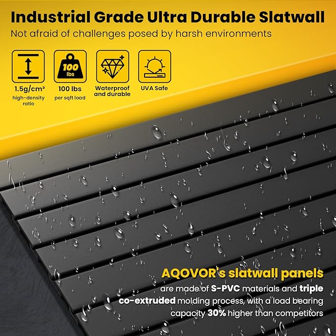 SlatWall Paneling 4x8 FT, PVC Slat Wall Panels with 16 Hooks Heavy-Duty Garage Organization System, Slatwall Pegboard Suitable for Home、Garage、Shop Wall Display & Organization (Black)