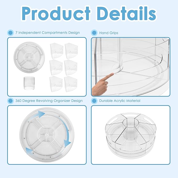 Rotating Desk Organizer, 360° Acrylic Pen Organizer for Desk with 7 Removable Compartments, Extra-Large Pen Holder for Office Supplies, Markers, and Art Supplies, Clear Pencil Holder
