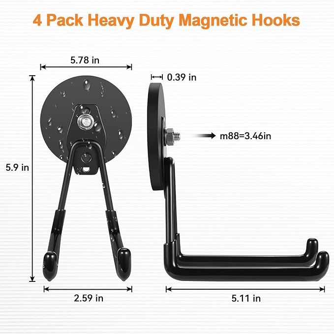 ENUODA Magnetic Hooks Heavy Duty Rare Earth Magnets with Hooks Large Magnetic Tool Holder for Hanging Garden Tools, Drills, Shovel, Broom, Hoses, Extension Cord, Garage Organization, 4 PCS