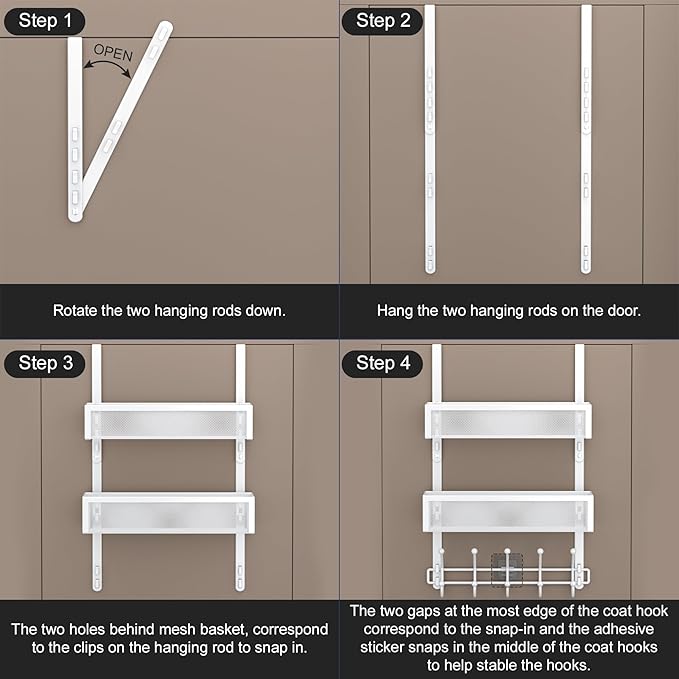 Aimeaihe Adjustable Over The Door Hooks Organizer, Door Hanger Coat Rack with 2 Mesh Baskets and 10 Hooks, Back of Door Storage Organizer for Bedroom,Bathroom,Kitchen (White)