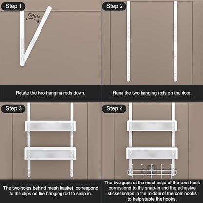Aimeaihe Adjustable Over The Door Hooks Organizer, Door Hanger Coat Rack with 2 Mesh Baskets and 10 Hooks, Back of Door Storage Organizer for Bedroom,Bathroom,Kitchen (White)
