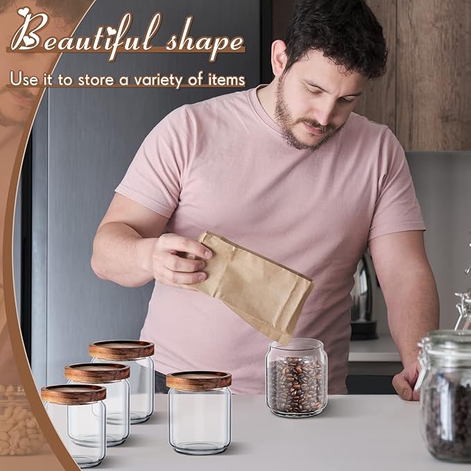 Irenare 16 Pcs Glass Containers Canister Set, 17 oz Food Storage Spice Jars with Airtight Lids, Clear Kitchen Containers for Coffee Sugar Tea Beans Nuts Candy Pantry Organization(Wood)