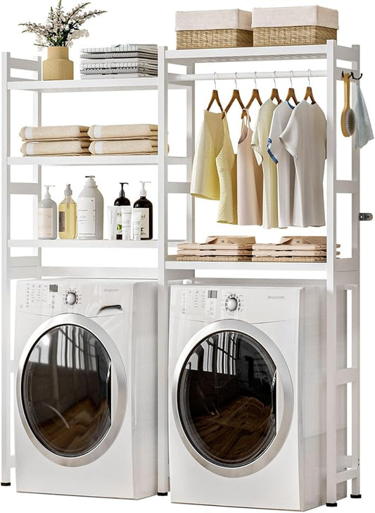 Over The Washer and Dryer Storage Shelf Bamboo,5 Tiers Laundry Room Drying Rack with Adjustable Shelves and 4 Hooks,Space Saver Organizer for Hanging Clothes and Towels (White)