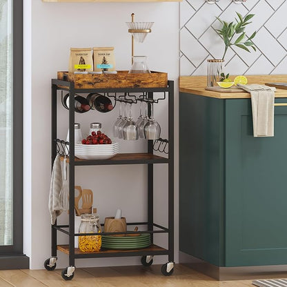 TUTOTAK Bar Cart with Removable Tray, Home Bar Serving Cart, Drink Cart, Mobile Kitchen Shelf with Wine Rack and Glass Holder, Rolling Beverage Cart for Living Room, Kitchen, Brown BC01BB036
