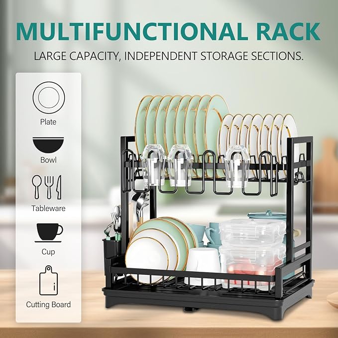 Stelive 2-Tier Dish Drying Rack for Kitchen Counter, Dish Drainer Dish/Cup/Cutlery Holder Dish Drainer Rack 2 Tier Dish Racks with Utensils Holder, Drainboard & 360° Telescopic Drain Pipe (Black)