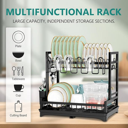 Stelive 2-Tier Dish Drying Rack for Kitchen Counter, Dish Drainer Dish/Cup/Cutlery Holder Dish Drainer Rack 2 Tier Dish Racks with Utensils Holder, Drainboard & 360° Telescopic Drain Pipe (Black)