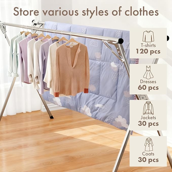 Extendable Clothes Drying Rack - Foldable Double Rod (135-200cm), 30 Hooks, Thickened Steel, Stable for Balcony/Bedroom/Outdoor，Drying Rack Clothing，Clothes Rack，Garment Rack，Double Rod Clothing Rack