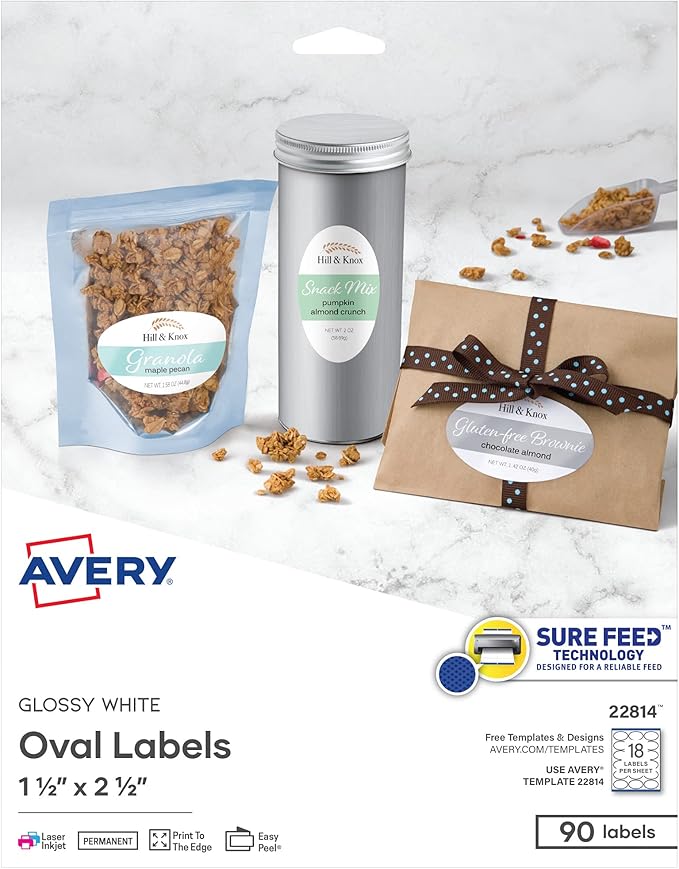 Avery Printable Blank Oval Labels, 1.5" x 2.5", Glossy White, 90 Customizable Labels (22814)