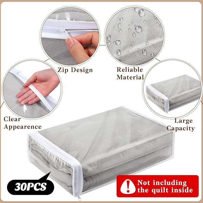 Riakrum 30 Packs Clear Zippered Storage Bags, 15x11x4 inches, Vinyl Plastic Sweater Sheet Organizers Storage Bags, PVC, for Clothes, Sheet, Blankets, Fabrics Organizers(White)
