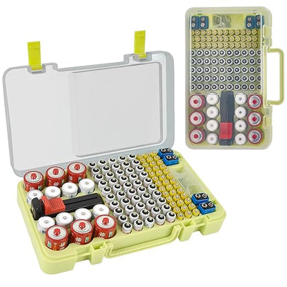 Battery Organizer Storage Case with Tester Checker. Batteries Holder Box Container for 120+ AA AAA 9V C D Lithium CR2025 CR1632 CR2032 Coin Cell Battery with Wall-Mounted Design -Green