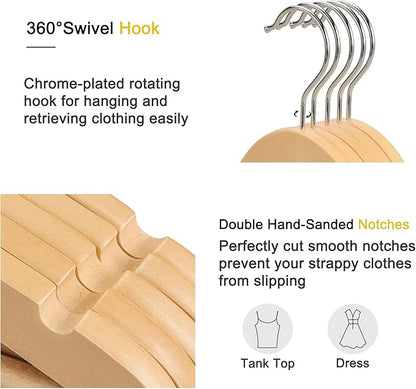 TOPIA HANGER Premium Wooden Hangers 30 Pack, Natural Wood Clothes Hangers, Durable Coat Hanger, 360° Swivel Hook, Non-Slip Shoulder Notches for Strap Dress, Shirt, Pant, Jacket-CT54N30