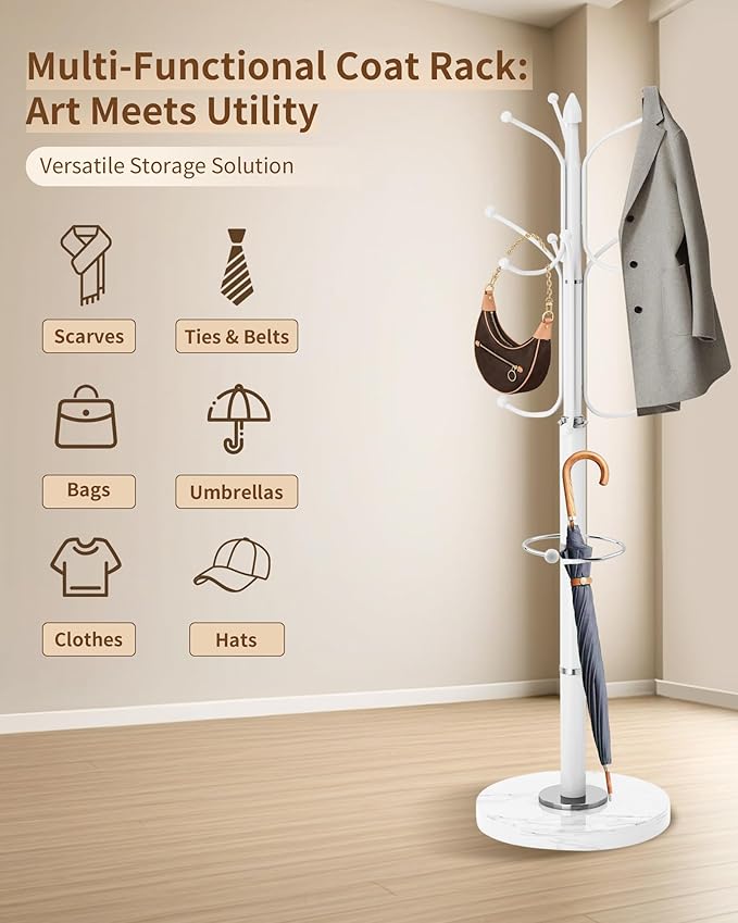 Modern Coat Rack Stand, Metal Freestanding Coat Rack with Natural Marble Base, Heavy-Duty Coat Racks with Umbrella Holder,White Coat Hanger Stand with 12 Hooks for Office, Entryway, Hallway
