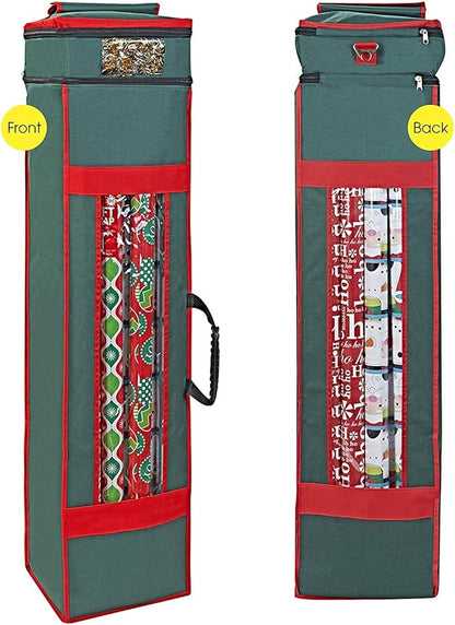 ProPik Christmas Wrapping Paper Storage Organizer Bag with Pocket and Handles Including Hanging Loop Heavy Duty Material with Clear Window 47 x 10 x 10 Inch Fits 40" Long Rolls (Green, 1 Count)