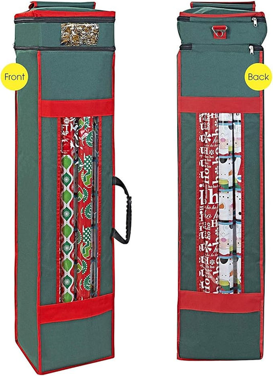 ProPik Christmas Wrapping Paper Storage Organizer Bag with Pocket and Handles Including Hanging Loop Heavy Duty Material with Clear Window 47 x 10 x 10 Inch Fits 40" Long Rolls (Green, 1 Count)