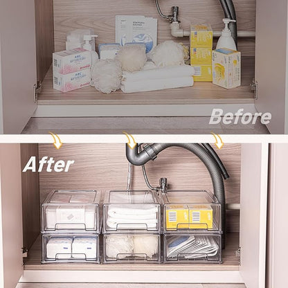 6 Pack Stackable Pull-Out Storage Drawers,Plastic Clear Organizer Bins with Handles,Easily Clean for Craft,and Toy Organization,Kitchen,Undersink,Cabinet,Fridge,Closet,Pantry,Office,Bathroom