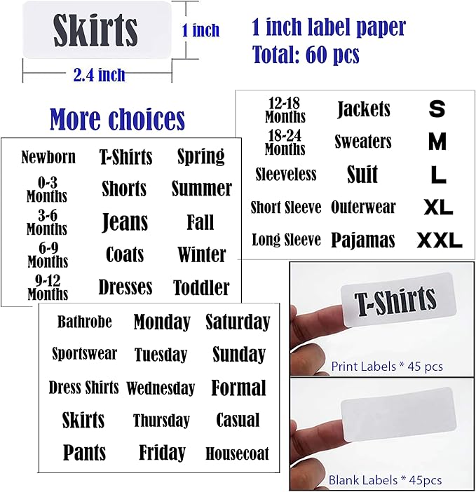 20 Pack White Clothing Rack Size Dividers Plus 45 Labels (1 Inch) and 18 Large Blank Labels, Large Rectangular Clothing Closet Dividers (Pink)