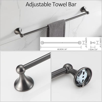 BGL Bathroom Hardware Set Grey Electroplating 4-Piece Bathroom Accessories Set Wall Mounted Adjustable Towel Bar Robe Hook Toilet Paper Holder Towel Ring Glossy Grey