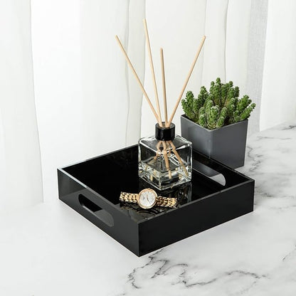 Black Sturdy Acrylic Tray with Handles-8x8 Inch- Countertop Organizer Tray for Kitchen,Bathroom,Office- Storage Box for Cosmetics, Jewelry,Toiletries,Toy,Gadgets