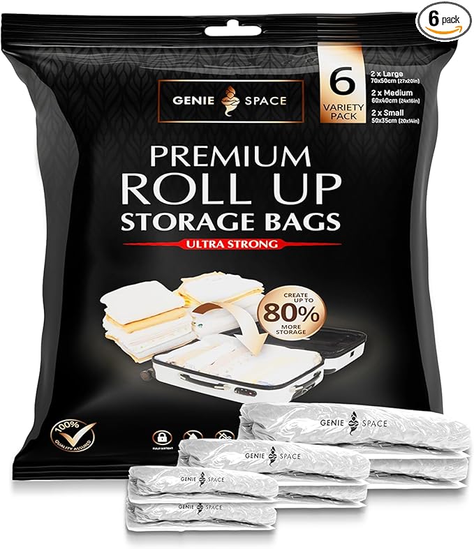 GENIE SPACE Roll-Up Compression Bags for Clothes – Airtight, Waterproof & Reusable Travel Space Saver Bags, No Pump Needed – Variety 6-Pack (2 Large, 2 Medium, 2 Small)