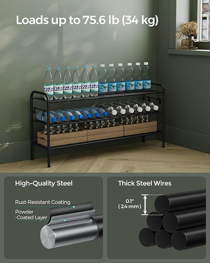 SONGMICS Shoe Rack, 3-Tier Shoe Organizer, Metal Shoe Shelf Storage with 4 Side Hooks, Holds 18 Pairs of Shoes, Height-Adjustable Shoe Rack for Entryway, Hallway, Closet, Ink Black ULMR131B01
