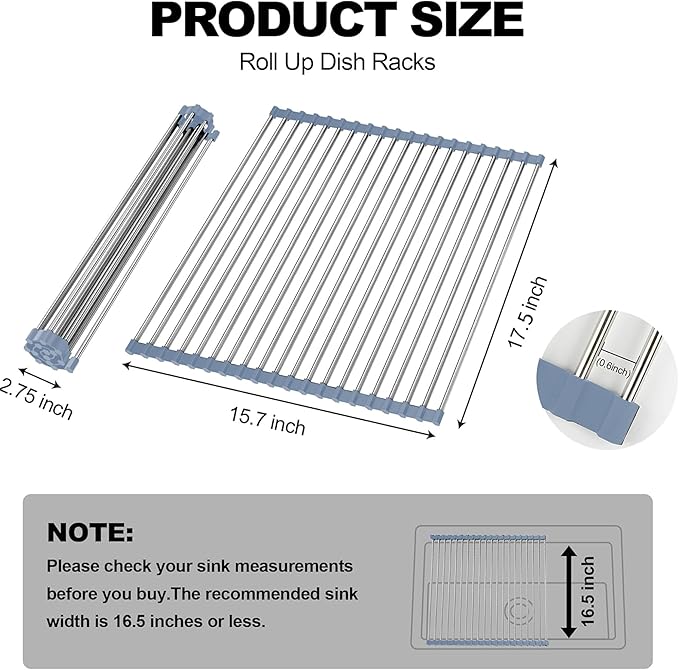 NEZUIBAN Drying Rack with Roll Up and Over Sink for Kitchen,17.5"x15.7",Gray