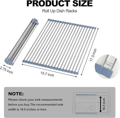 NEZUIBAN Drying Rack with Roll Up and Over Sink for Kitchen,17.5"x15.7",Gray