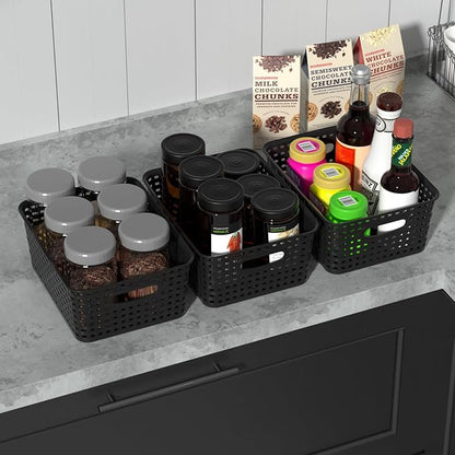 Plastic Shelf Storage Baskets, Plastic Pantry Weave Basket, Black, 12 Packs