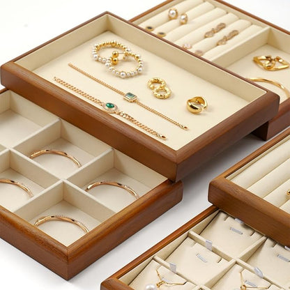 Solid Wood Flat Jewelry Tray Stackable Jewelry Drawer Organizer Showcase Display Organizer Tray(Beige)