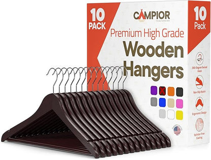Cherry Wooden Hangers 10 Pack – Heavy-Duty with 360° Swivel Hook, Non-Slip, Pants Bar & Shoulder Grooves - Wooden Hangers for Suits, Jackets, Dresses & Camisoles, Space-Saving and Smooth Finish
