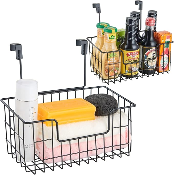 Wire Hanging Storage Basket 2 Packs, Wall Mounted Kitchen Bathroom Storage Basket, Home Multi-Functional, no Punching, Bearing Strong, Suitable for Home, Office,Black