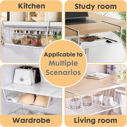 4-Pack Steel Under Cabinet Shelf Basket Organizer, Metal Wire Rack Hanging Storage Baskets Holds up to 22lbs for Kitchen, Office, Pantry, Bathroom, Cabinet (White-4)