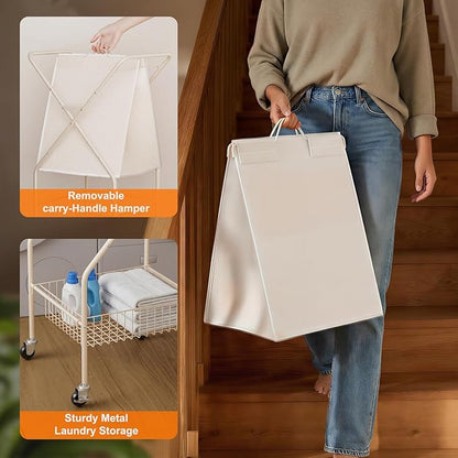 Laundry Basket with Wheels:88L Rolling Laundry Cart Foldable Metal Frame Dirty Clothes Laundry Hamper 36"H 4 Caster 2 Brake Waterproof Removable Liner Carry Handle for Dorm Laundry Room,Cream