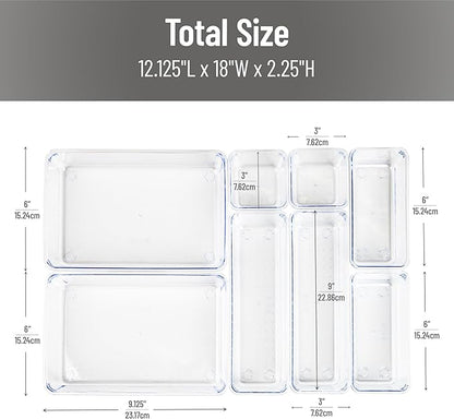 Mind Reader 8-Piece Drawer Organizer Set, Storage Trays for Kitchen, Bathroom, Office, Makeup, Jewelry & More, Junk Drawer Tray, Utensil Holder, Plastic, Clear