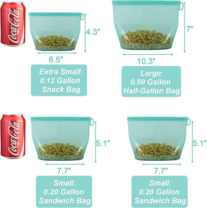 Reusable Silicone Food Storage Bags 4 Pack with 1 Snack, 2 Sandwich and 1 Half Gallon Bags, Multi-Use & Sous Vide Stand-Up Pouches for Soup and Leftovers, Microwave, Dishwasher and Freezer Safe
