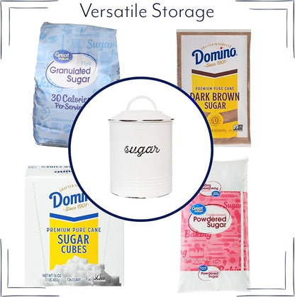 AuldHome Design Enamelware White Sugar Canister; Rustic Distressed Style Staples Storage for Kitchen